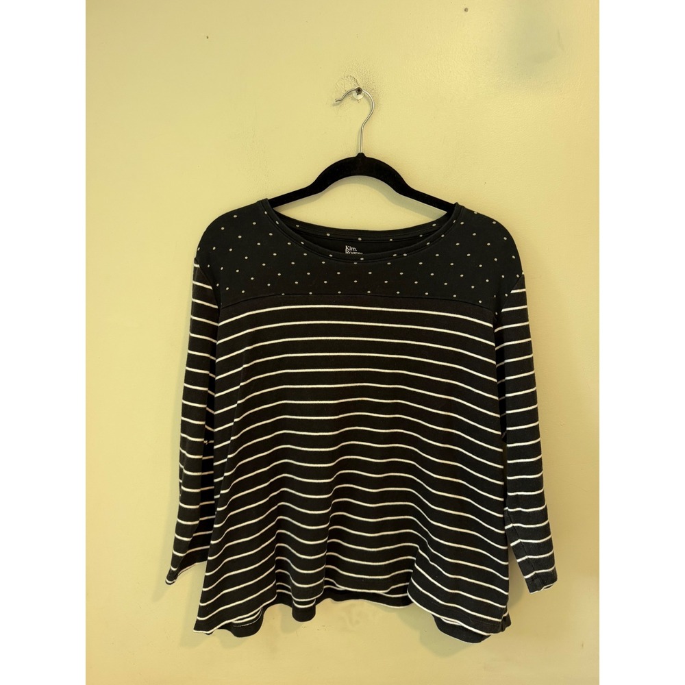 Kim Rogers Perfectly Soft Black White Striped Polka Dot Cotton Top XL